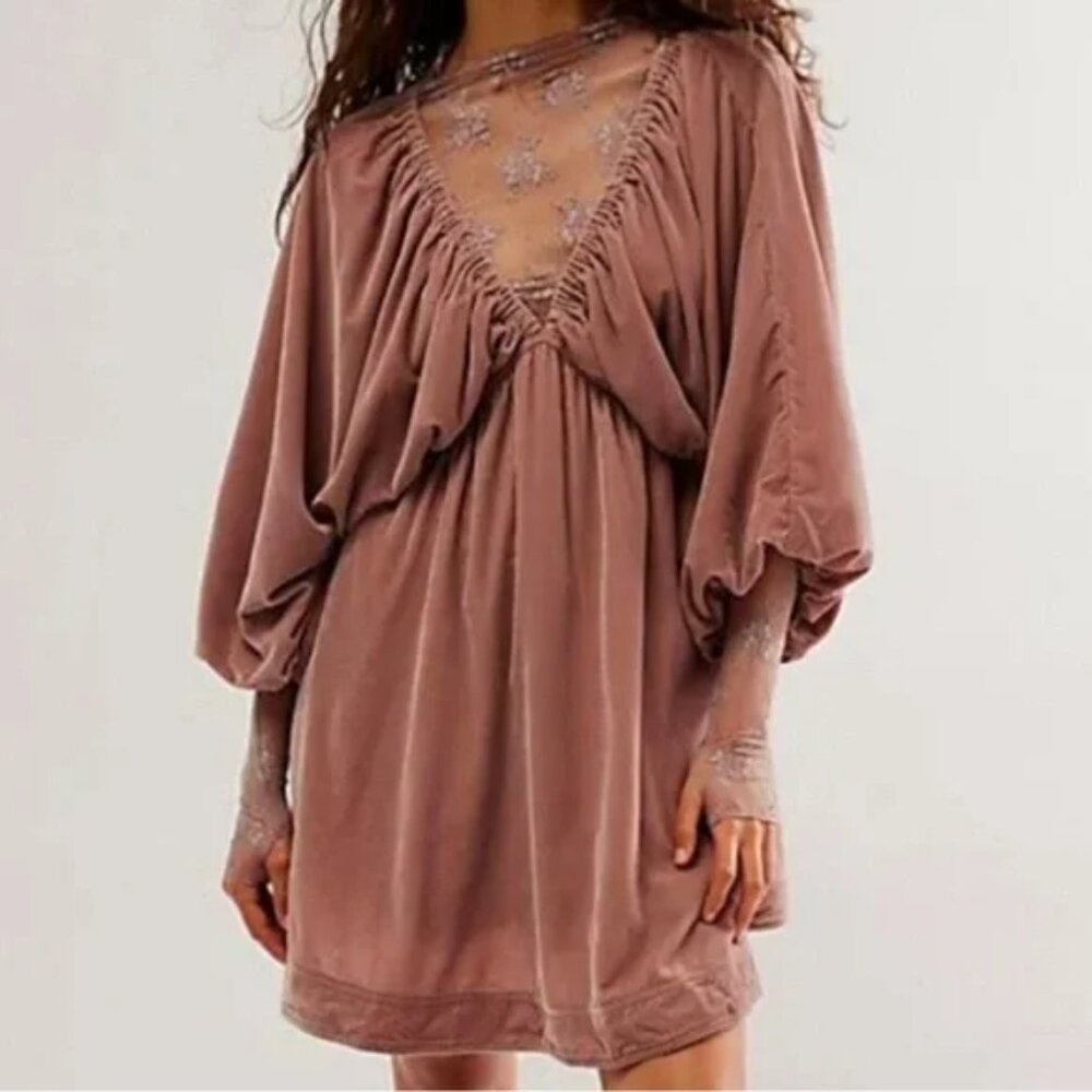 Free People Portia Lantern Sleeve Velvet Mini Dress in Winter Bloom NWT Small